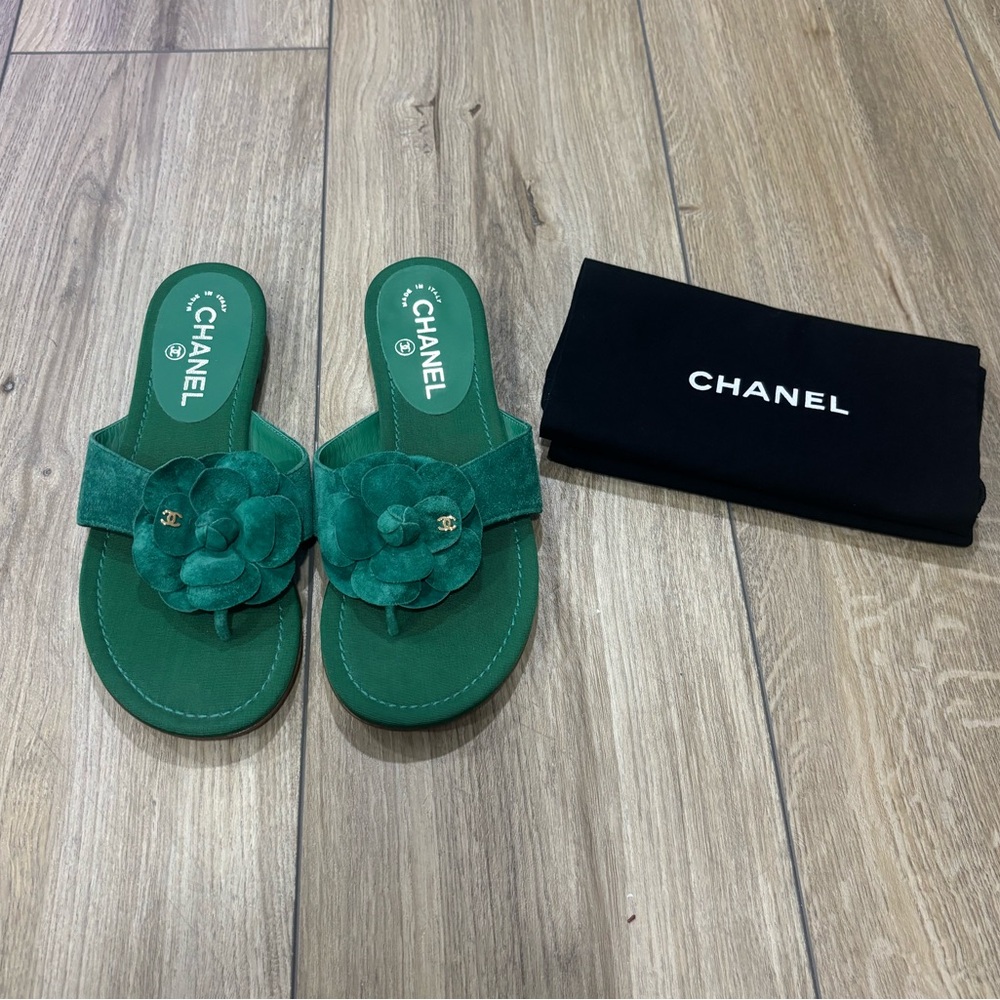 CHANEL Green Suede Slide Sandals